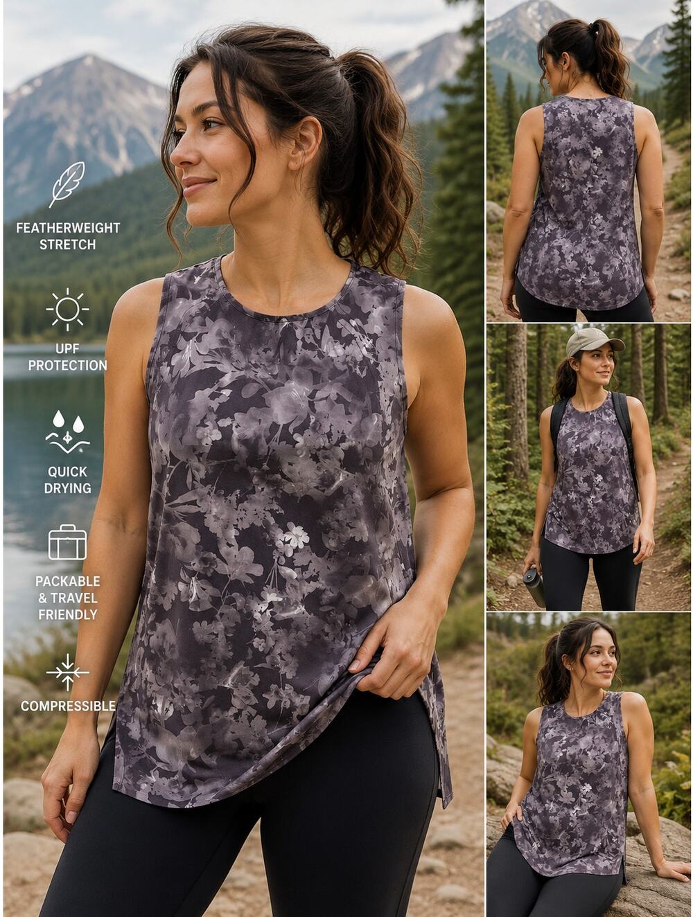 Athleta Refined Zephyr Tank XL NWT  Gray Floral Featherweight Stretch UPF